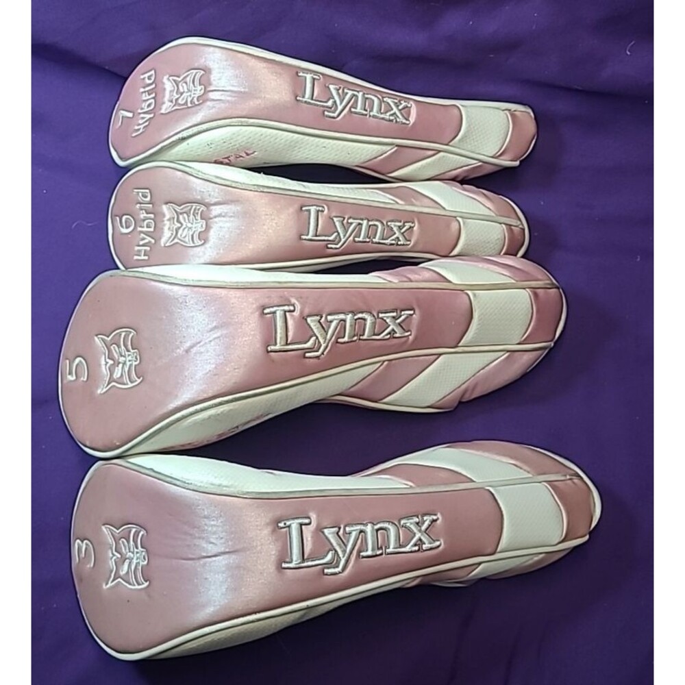 Lynx Crystal Cat Golf Club Driver Head Covers Set,(3,5,7,6 Hybrid),Pink/White,